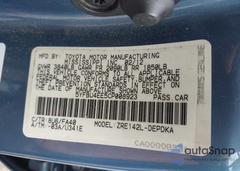 2012 Toyota Corolla L from USA, damaged, VIN 5YFBU4EE5CP008923